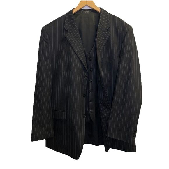 Jones New York Blazer Jacket & Vest‎ Set Mens Size 46L 100% Wool Navy Pinstriped